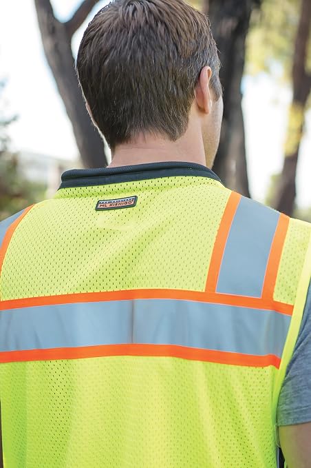 Kishigo Premium Black Series Men's Surveyors Vest S5002, Class 2 Hi-Vis Safety Vest, 10 Pockets with Reinforced Front Zipper Closure & Durable Webbing, ANSI/ISEA 107 Compliant (Lime/Black, 5XL)