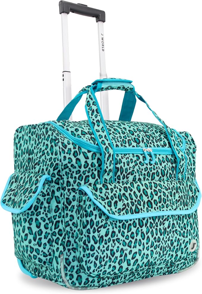 J World Donna Rolling Tote Bag on Wheels for Women. Roller Laptop Briefcase. Overnight Weekender Teachers Work, Mint Leopard