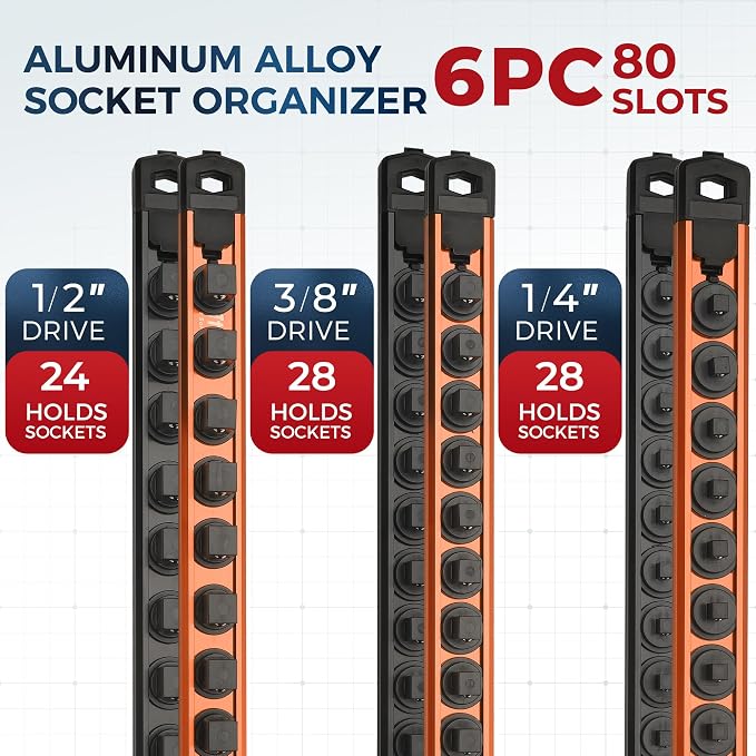 Reniteco Magnetic Socket Organizer Set, 6PC 1/2" 3/8" 1/4" Drive Aluminum Alloy Socket Holder with 80PC 360° Swivel Removable Clips, Magnetic Socket Rail for Tool Box Drawer, Black&Orange