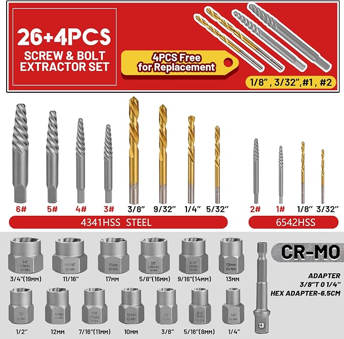 30 Pcs Spiral Screw Extractor Bolt Extractor Set, 6542/4341 HSS Left Hand Drill Bit Set, Stripped Bolt Remover Borken Bolt Extractor Kit for Removing Nuts Bolts with Solid Storage Case