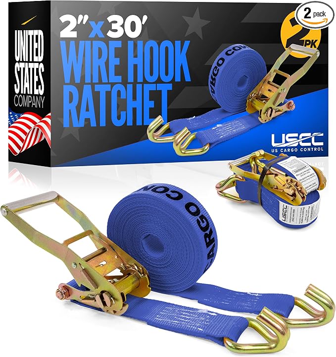 US Cargo Control Wire Hook Ratchet Straps 2 Inch x 30 Foot (2-Pack), 10,000 LBS Break Strength, Ratchet Straps Heavy Duty with Double J Hooks, Blue Cargo Tie Downs for Flatbed Trailers and Trucks
