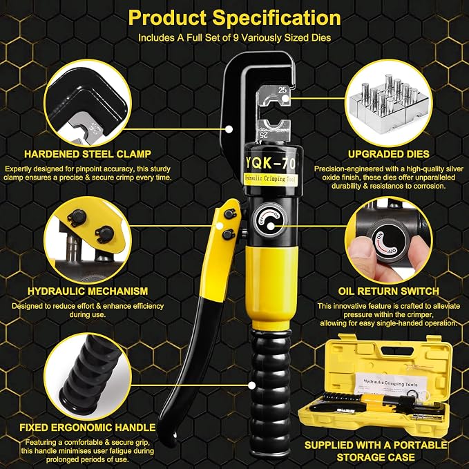 Brileine Hydraulic Crimping Tool and Cable Cutter Hydraulic Cable Lug Crimper 10 US TON 12 AWG to 00 (2/0) Electrical Terminal Cable Wire Tool Kit with 9 Die