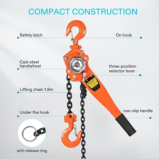 SPECSTAR Lever Chain Hoist 3/4 Ton 1650 Lbs Capacity 5 Feet with 2 Heavy Duty Hooks, Chain Come Along for Warehouse Building Automotive Machinery