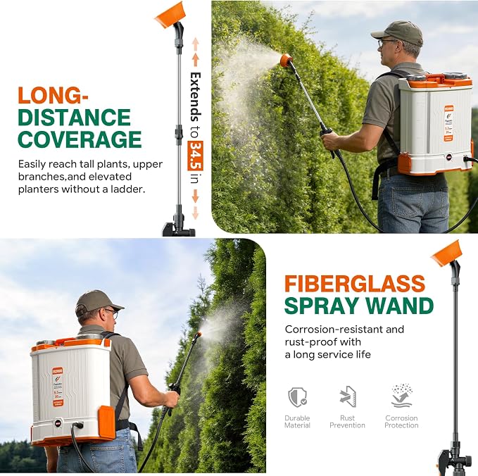Battery Powered Backpack Sprayer 5.3 Gallon for Lawn, Garden, Yard | Built-in Mixing System,5.3GAL,45-90PSI Adjustable Pressure,6 Hours Long Battery Life,6 Spray Nozzles,39" Telescopic Wand