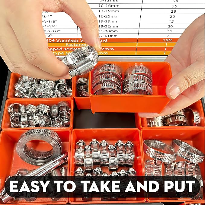 185pcs 304 SS Worm Gear Hose Clamp Kit for Auto & Plumbing | Leak-Proof 1/4"-2" Adjustable 304 Stainless Clamps with 10FT Custom Strap. Rust-Resistant for Heavy-Duty Pipe Repairs