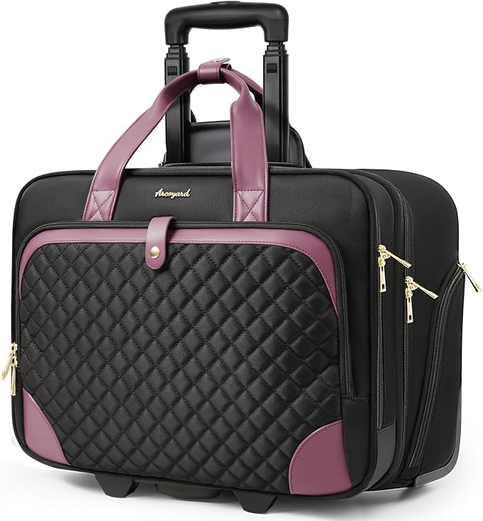 Arcoyard Rolling Laptop Bag, Large Rolling Briefcase for Women with Waterproof Pocket, 17.3 Inch Computer Bag Laptop Case with Wheels, Roller Work Bag for Office Travel Business Teacher, Black Purple