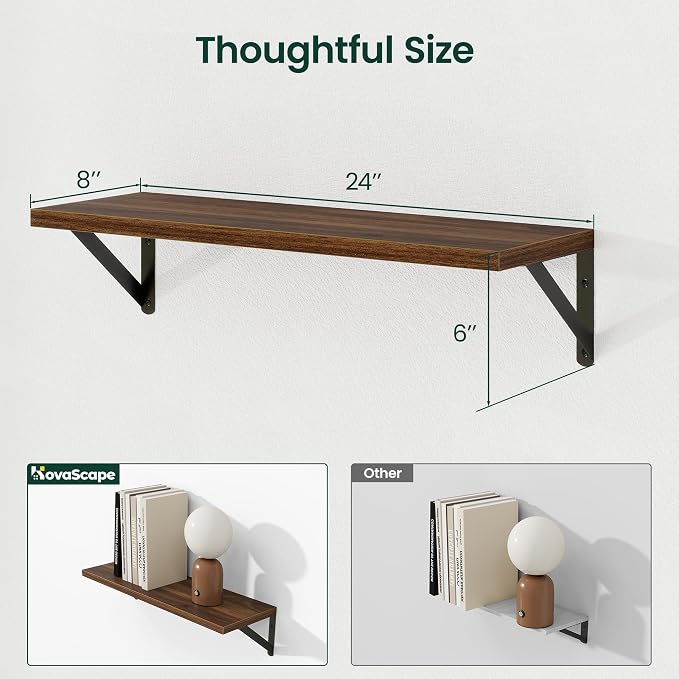 Floating Shelves 8 Inch Deep, 24W x 8D Wall Shelf Set of 2, 50 lbs Heavy Duty Reversible Metal Brackets, Industrial Book Shelf for Living Room Kitchen Bathroom Bedroom Gallery Wall, Walnut