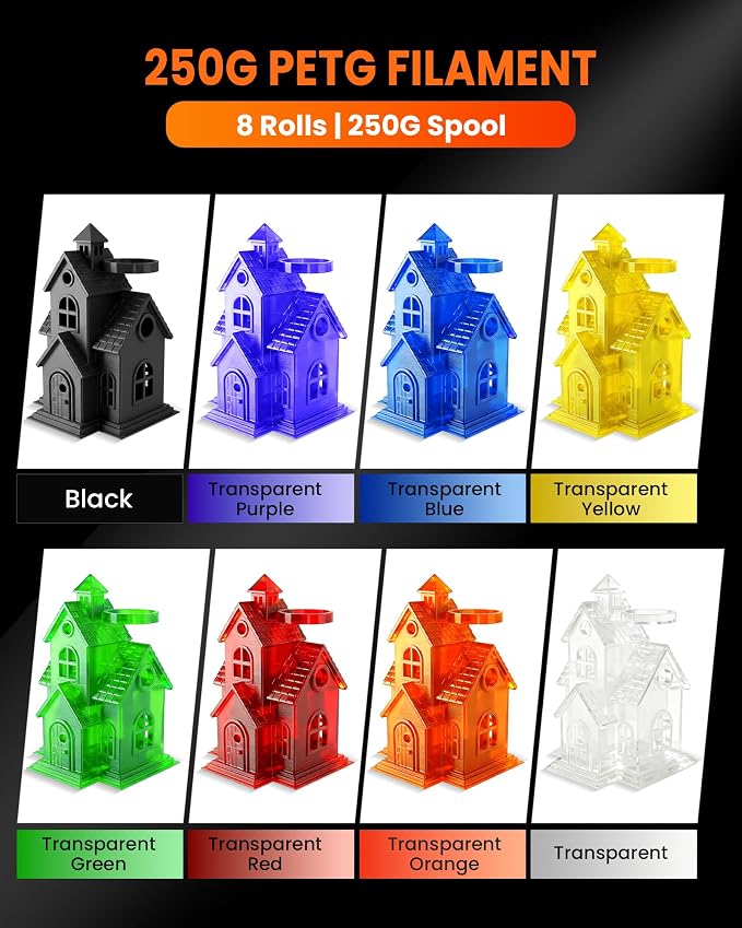 TECBEARS PETG Filament 1.75, Transparent 3D Printer Filament Bundle, 250g/Spool, 8 Rolls, 2kg in Total, Black+Transparent+Clear(Red,Orange,Blue,Green,Purple,Yellow)