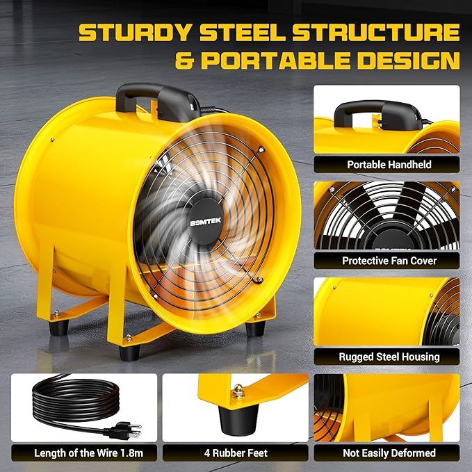 12 Inch High-Portable Exhaust Fan, 3500CFM 550W with 40FT Duct Hose, Low-Noise Industrial Portable Ventilator Blower for Basements, Workshops, Warehouses, Confined Spaces