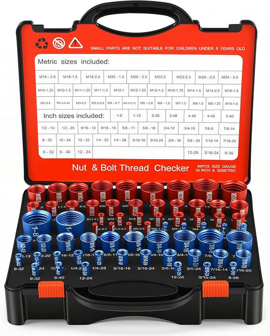 66 Pcs Nut and Bolt Thread Checker - 34 Standard & 32 Metric, Detachable Bolt Size Finder Tool, Screw and Nut Identifier Thread Gauge Especially for Tight Spaces