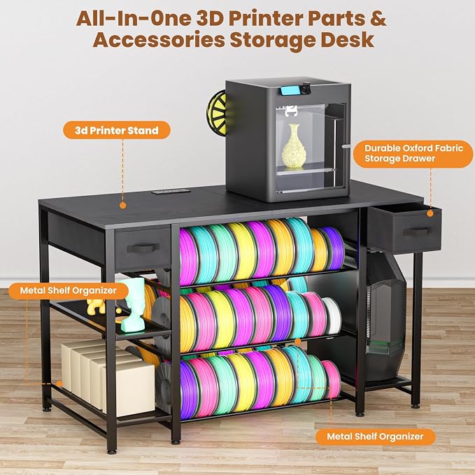 3D Printer Table with Storage, Heavy Duty Metal 3D Printer Stand with Filament Storage Drawer & Power Hub, Large Capacity 3D Printer Desk for Workshop, Studio & Home Office(Black)