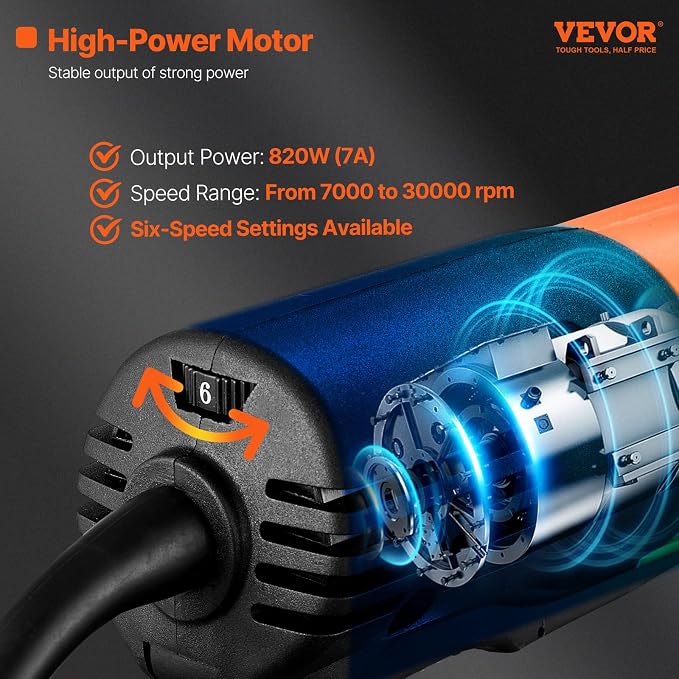 VEVOR Die Grinder, 1/4", Heavy-Duty Electric, Adjustable Speed (10000-28000RPM), Ergonomic Grip for Polishing, Cutting, Rust Removal, Grinding, Welding Repair, with 1/4" & 1/8" Collets
