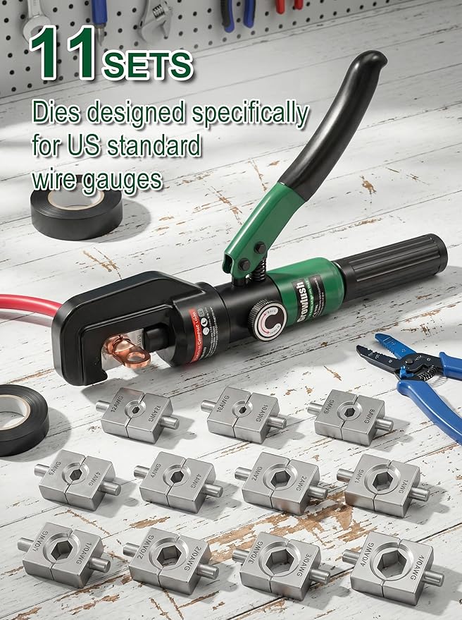 Hydraulic Cable Crimping Tool, Battery Cable Terminal Crimper 12 AWG–4/0 AWG, US Standard AWG Dies, 10-Ton Hydraulic Copper Cable Lugs Crimper for US Standard Cable 12 ga-4/0 ga