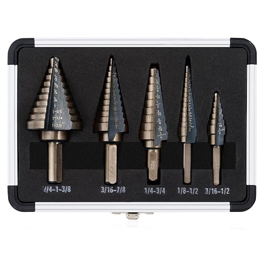 Step Drill Bits, HSS 5PCS Titanium Step Drill Bit Set, 50 Sizes in 5 High Speed Steel Unibit Drill Bits Set for Sheet Metal with Aluminum Case, Multiple Hole Stepped Up Bits for DIY Lovers