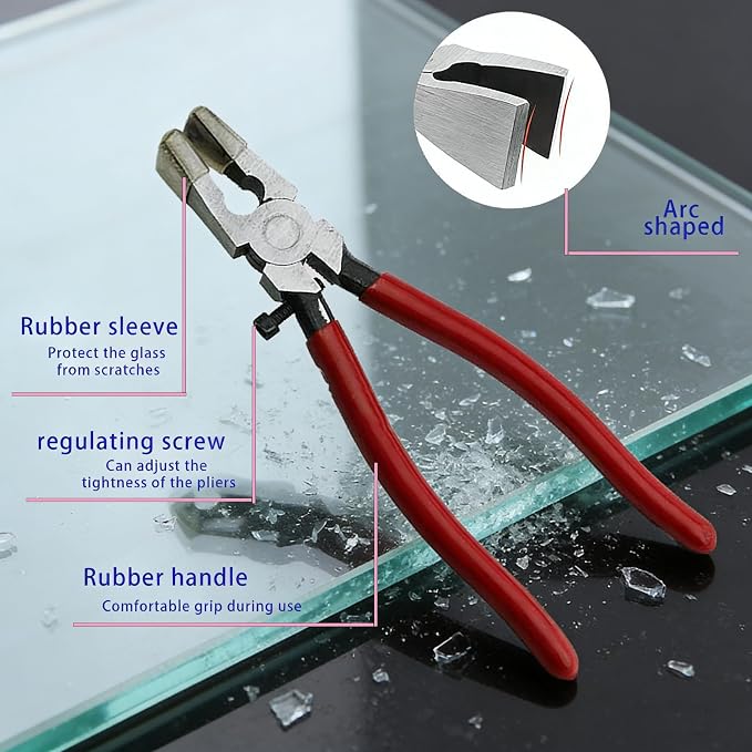 OFCOX Glass Cutting Tool Set Kit, Glass Nipper,Glass Running Plier, Breaking Plier, Oil Feed Glass Cutter Set with Leather Zipper Bag for Stained Glass, Tiles, Mosaic, Mirrors,Bottle, Fusing, Breaking
