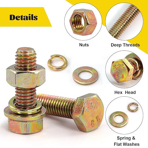 940PCS Metric Bolt and Nut Assortment Kit, M4-0.7, M5-0.8, M6-1.0, M8-1.25 Heavy Duty Hex Bolts Nuts Washers Assorted Kit, Grade 8.8 Alloy Steel Yellow Zinc Plated