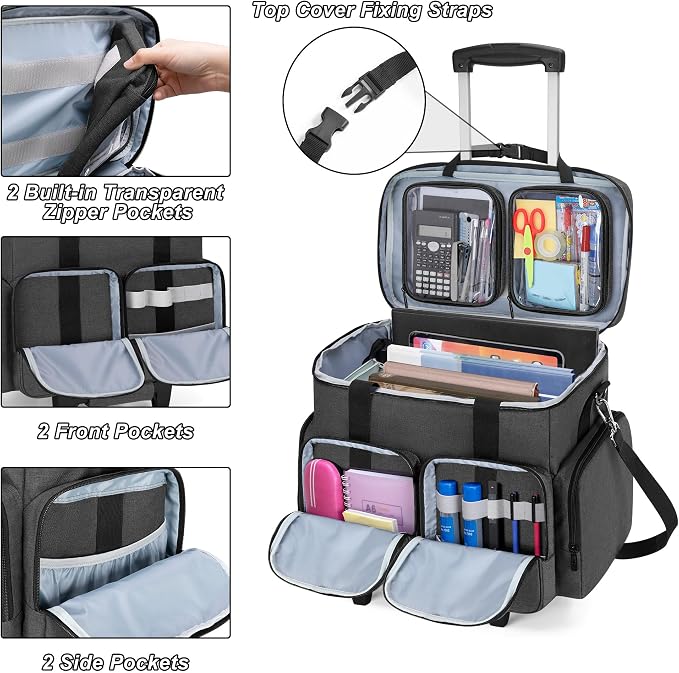 CURMIO Rolling Teacher Tote Bag with Padded Laptop Compartment for up to 15.6 Inches Laptop, Wheeled Teacher Bag for Teaching, Office, Craft, Black