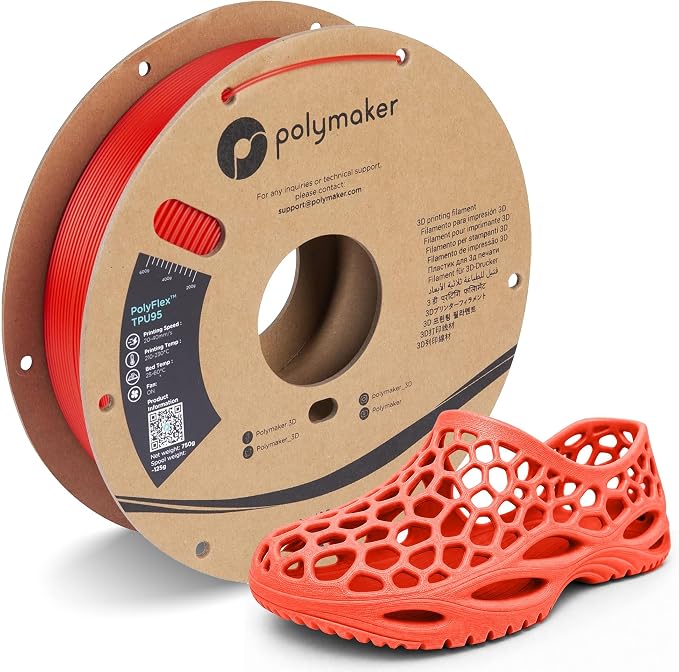 Polymaker TPU Filament 1.75mm Red, 0.75kg Shore 95A Flexible 3D Printer Filament 1.75mm - PolyFlex TPU95 3D Printing TPU Filament 0.75kg Red Soft Flexible Filament
