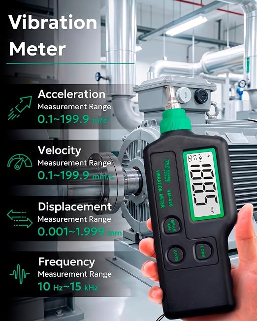 Digital Vibration Meter – VM-420 Industrial Vibrometer, Acceleration 0.1–199.9 m/s², Velocity 0.1–199.9 mm/s, Displacement 0.001–1.999 mm, 10Hz–15kHz, Handheld Machine Diagnostics Tool
