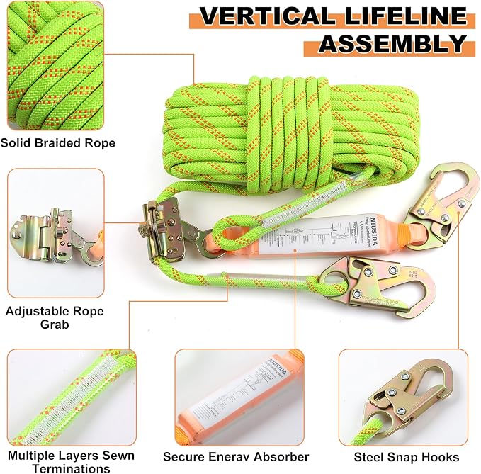 Rope Harness Safety Lanyard 100FT Fall Protection Vertical Roofing Rope | 100FT Anti-fall Safety Rope with Grab Snap Hooks, Shock Absorber, Heavy Duty Vertical Roofing Rope, Tree Climbing Line Kit