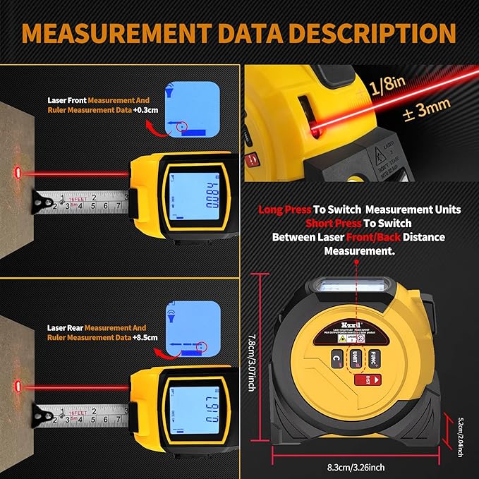Laser Tape Measure 3 in 1 Laser Rangefinder Tape Measure | 131ft Laser Distance Meter & 16ft Tape Measure for Home Diy Pythagorean, Area, Volum, Multi-Unit Conversion (Ft/Ft+in/in)