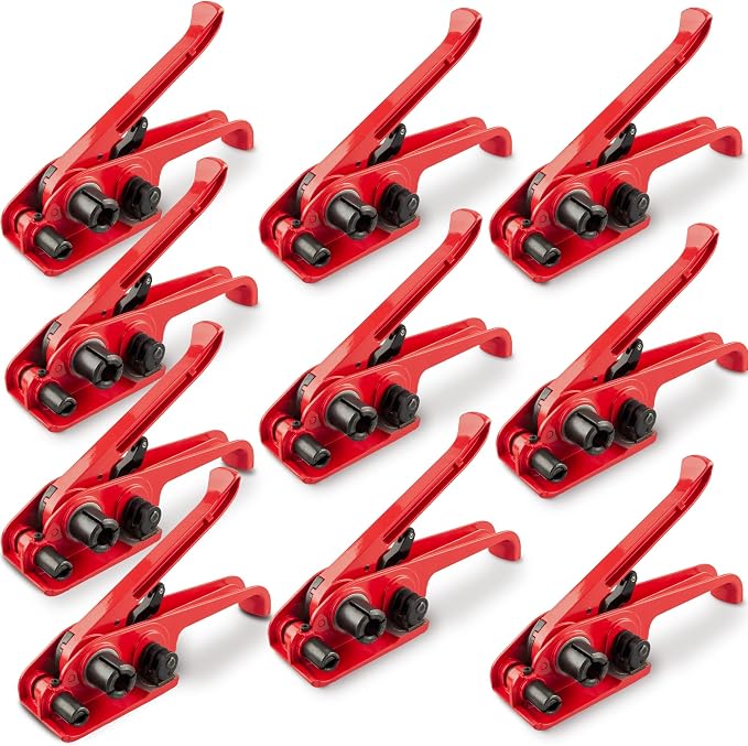 Heavy Duty Poly Strapping Tensioner with Cutter - Manual Strap Tool for 1/2"-3/4" PET & PP Strap, Durable Tensioner Tool for Home Moving & Commercial Shipping (Red, 10 Pack)
