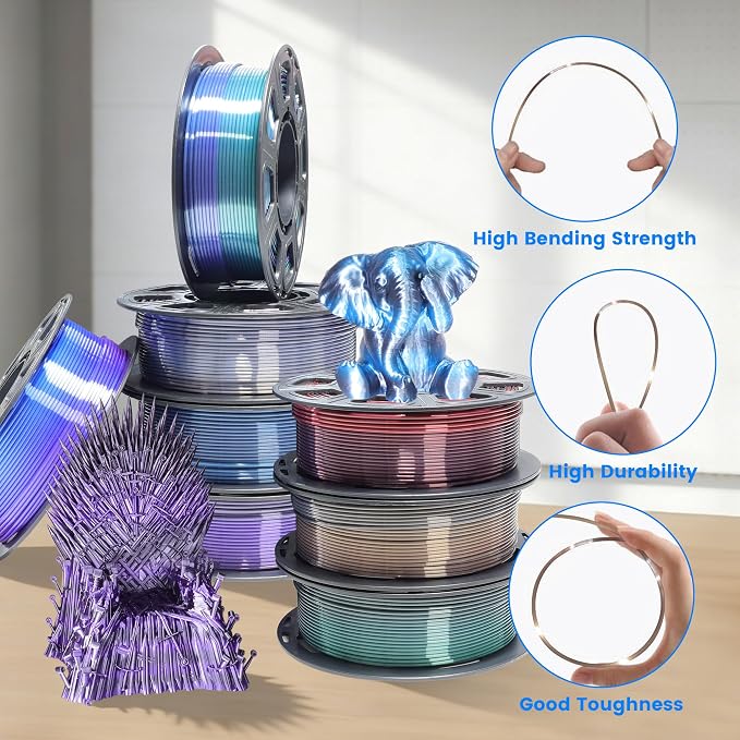 MIKA3D 3D Printing Filament Silk Color Change PLA, 1.75mm Silk 2 Color Change PLA Filament 8 Spools Bunlde, 8 Most Popular Color Change Shiny PLA Mixed, 0.25kg/Spool, Total 2kg 3D Printing Silk PLA