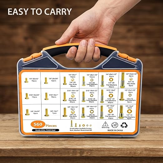 560PCS Grade 8 Nuts and Bolts Assortment Kit with Handy Box, 1/4-20, 5/16-18, 3/8-16, 1/2-13 High Quality SAE Bolt Assortment Kit, Heady Duty Grade 8 Alloy Steel with Yellow Zinc Plated