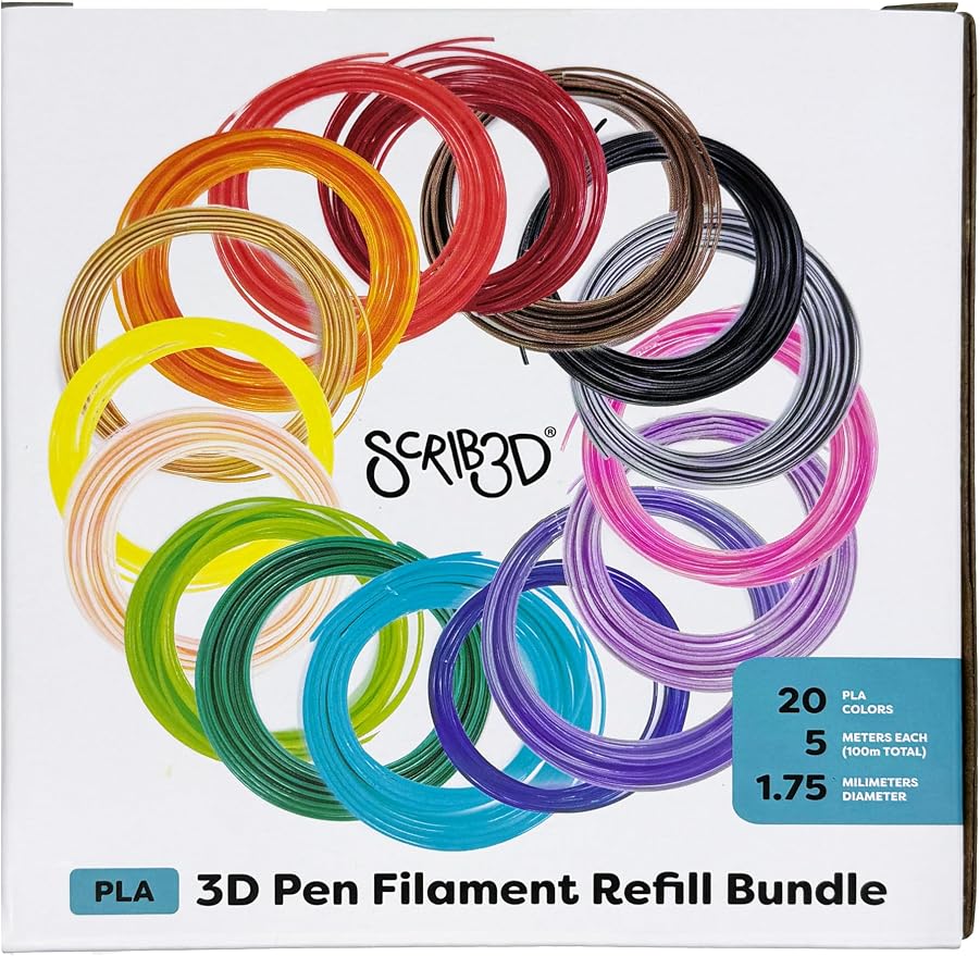 SCRIB3D P1 3D Printing Pen Bundle with Silicone 3D Mat & 20-Color PLA Filament Refills, 320 Feet, 1.75mm – Includes Display Pen, Stencil Book, Project Guide & Power Adapter