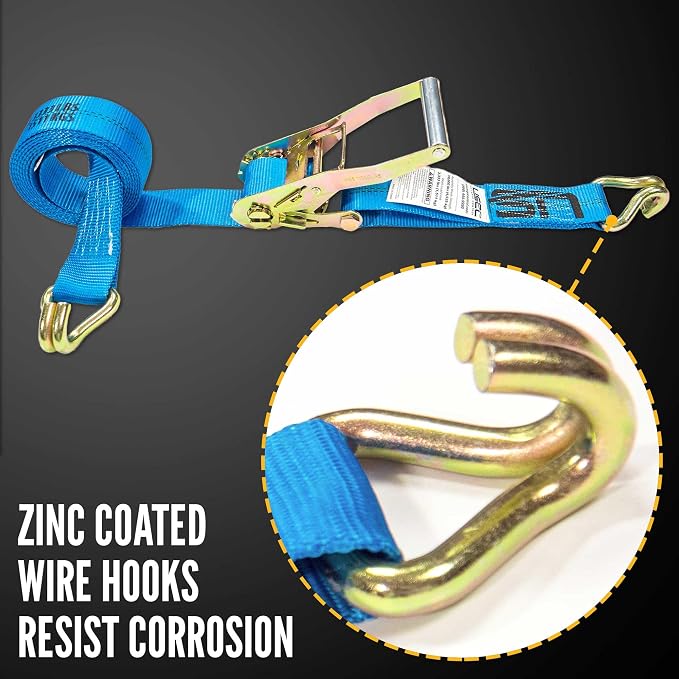 US Cargo Control 2 Inch Wide x 18 Foot Long Ratchet Strap with J Hooks, Blue Weather Resistant Webbing, 3,333 Pound Working Load Limit, 4 Pack