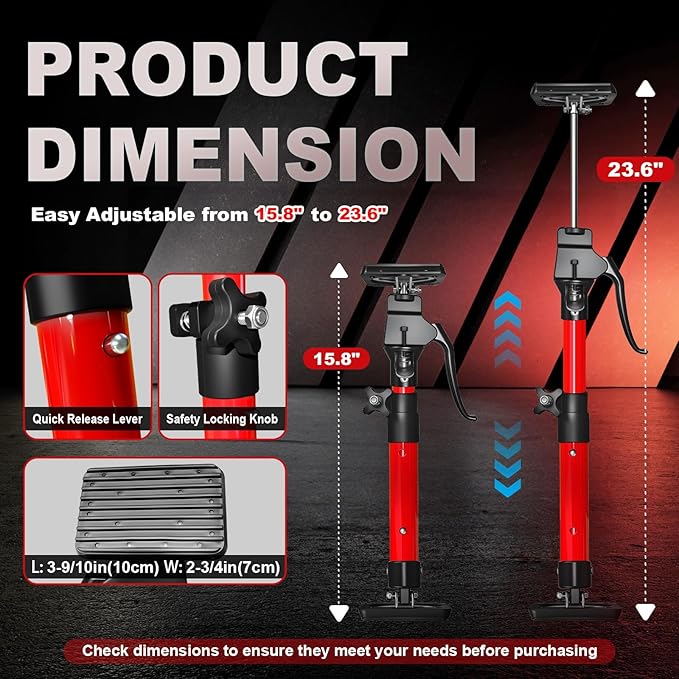 Cabinet Jacks for Installing Cabinets 2 Pack, 15.8"-23.6" Steel Telescopic Quick Support Rod, Adjustable 3rd Hand Support System with 220lbs Capacity for Cabinet Jack, Drywall Jack&Cargo Bars