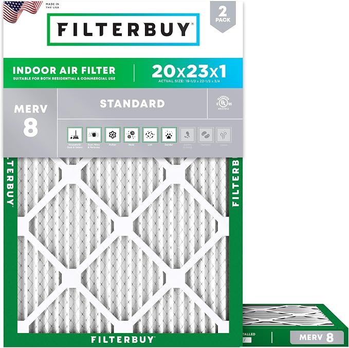 Filterbuy 20x23x1 Air Filter MERV 8 Essential Dust & Allergy Defense (2-Pack), Electrostatic Pleated HVAC AC Furnace Filters Replacement, Made in USA (Actual Size: 19.50 x 22.50 x 0.75)