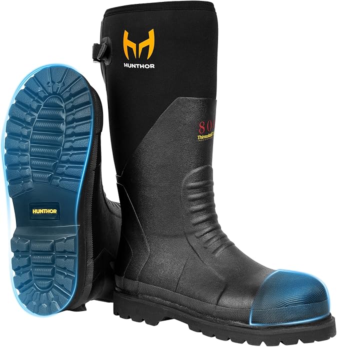 Rubber Work Boots with 800g Insulation, Puncture-Proof Steel Toe & Shank, Lightweight EVA Outsole Waterproof Insulated Neoprene Hunting Boots for Farming, Construction and Manufacturing (Size 6-14)