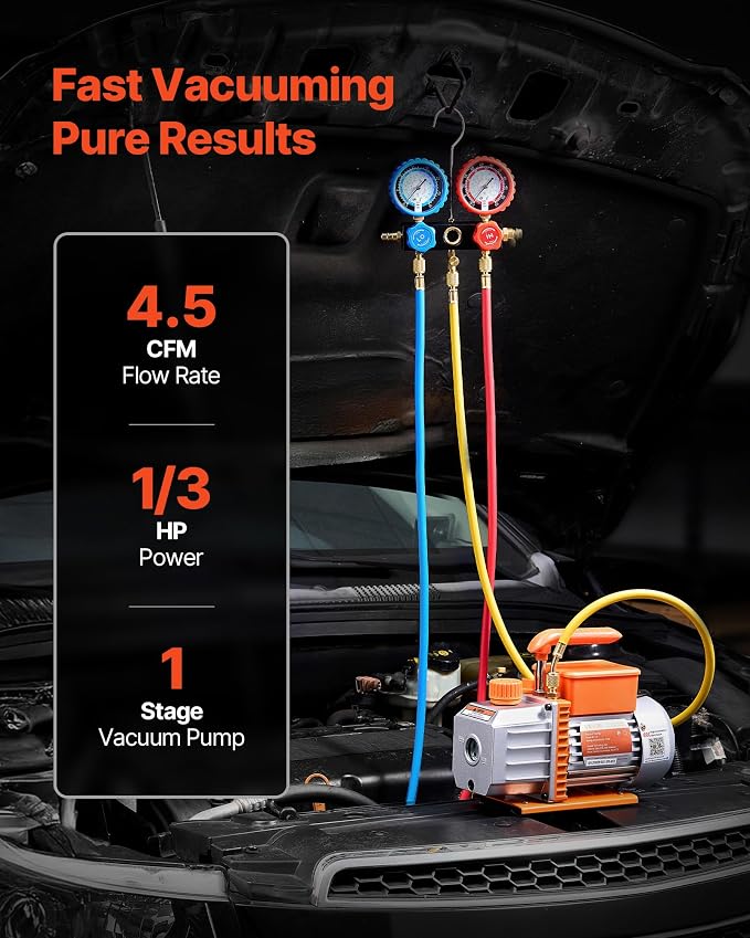VEVOR AC Vacuum Pump and Gauge Set, 4.5 CFM 1/3 HP, Single Stage Rotary Vane HVAC Vacuum Pump, A/C Manifold Gauge Kit, for R134a R22 R410a R1234YF R32, with Carry Bag, for Auto HVAC Air Conditioning