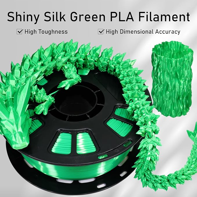 Silk Green PLA Satin Shiny 3D Printer Filament, 1.75mm Diameter 1kg Spool 2.2lbs for FDM 3D Printers
