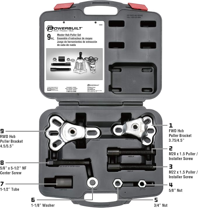 Powerbuilt Master Hub Puller Tool Set, Remove and Install Car Wheel Hubs and Axels, Ford and Mercury, Front-Wheel or Rear-Wheel Vehicles - 648608