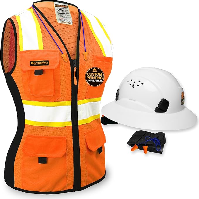 KwikSafety FIRST LADY Safety Vest for Women [Orange, XL] + TORTOISE Full Brim Hard Hat Bundle