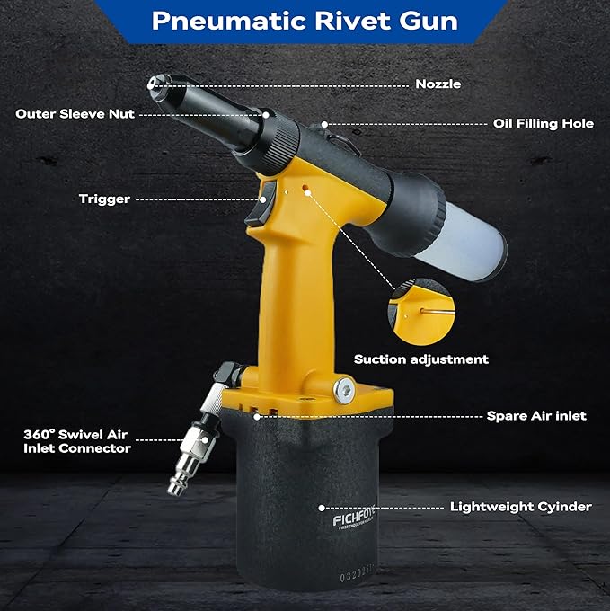 Self-Suction Pneumatic Rivet Gun Kit, Industrial Air Hydraulic Pop Riveter with 5 Nozzles (3/32"–1/4"), 4000LBF Heavy Duty Riveting Tool for Automotive, Construction & Manufacturing