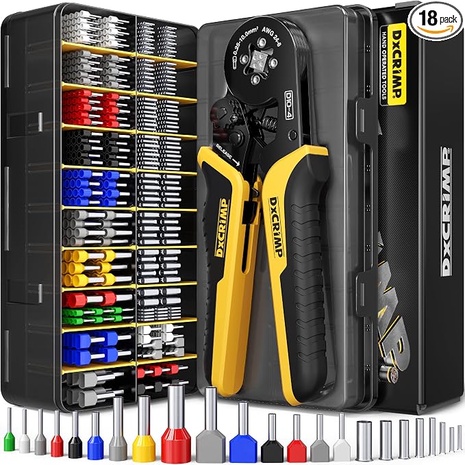 Ferrule Crimping Tool Kit, AWG 24-8 (0.25-10mm²) Ratchet Crimper, 24 Types Insulated, Uninsulated & Twin Wire Ferrules - for DIY Electrical, Control Panels, Car | Complete kit: Self-adjusting crimper for uninsulated/insulated ferrules. Ideal for DIY el...