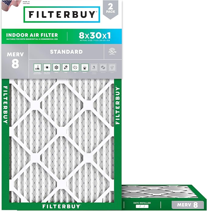 Filterbuy 8x30x1 Air Filter MERV 8 Essential Dust & Allergy Defense (2-Pack), Electrostatic Pleated HVAC AC Furnace Filters Replacement, Made in USA (Actual Size: 7.50 x 29.50 x 0.75)