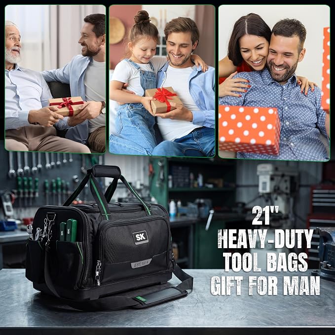 SK 21-Inch Heavy Duty Tool Bag, 1680D Fabric with Waterproof Hard Base, Dual Zipper, Padded Shoulder Strap & Touch Fastener Handle, Tool Storage with 50 Pockets, 40 Webbing Loops