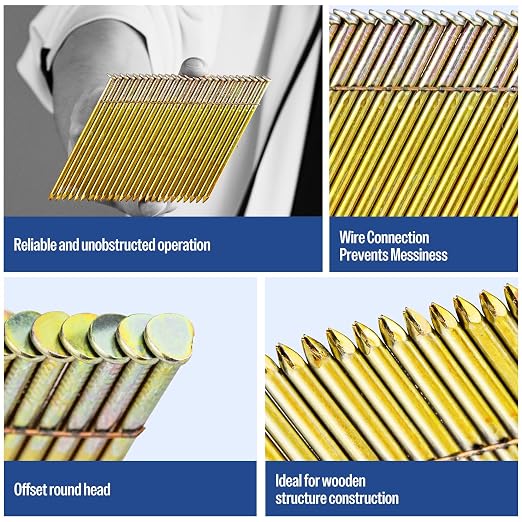 meite 28 Degree Framing Nails 3 Inch Galvanized Offset Round Head Wire Weld Collated Nails for Framing Nailer Gun, Smooth Shank Structural Framing Nails for Construction 2,000PCS | Offset Full Round Head Smooth Shank, Rust-proof, Fits Pneumatic Cordles...
