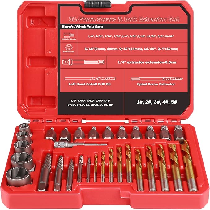35 Pcs Spiral Screw Extractor Bolt Extractor Set, 6542/4341 HSS Left Handed Drill Bit Set, Easy Out Bolt Extractor Set for Removing Broken Stripped Screws Nuts with Solid Storage Case