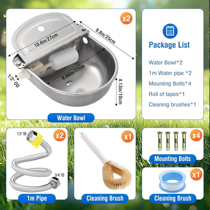 2 Pack 304 Stainless Steel Automatic Livestock Waterer with Float Valve & Drainage Hole – 39 inch Water Hose (one end 3/4“), Animal Drinking Bowl for Dogs, Chickens, Goats, Cows