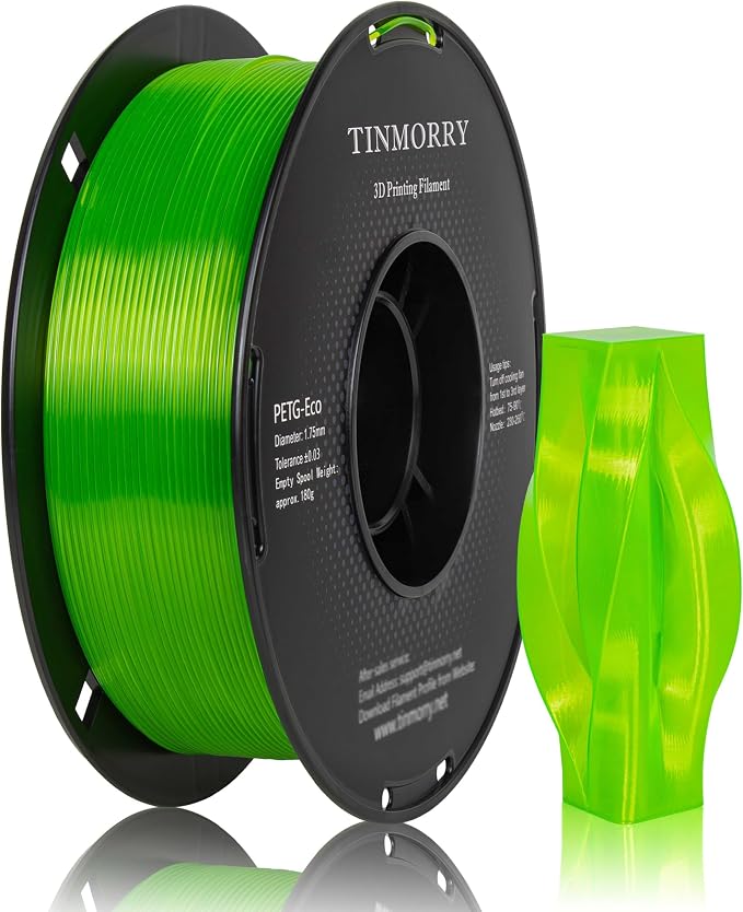 TINMORRY PETG Filament 1.75, Rapid PETG-Eco 3D Printer Filament, Compatible with Most FDM 3D Printers, 1 KG 1 Spool, Transparent Green