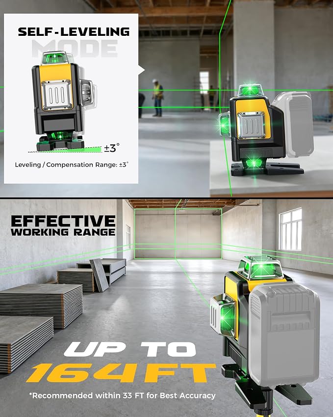DIYtoolifz Laser Level with Tripod Compatible with DeWalt 20V Battery, 4D Green 16-Line 4x360° Self Leveling Lazer Leveler Tool for Construction, Floor Tile, Home Renovation, Indoor Use, Tool Only