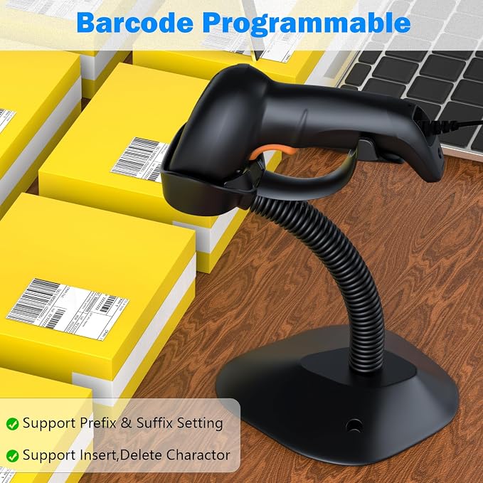 Symcode USB 1D Barcode Scanner with Stand Handheld Wired Laser Barcode Reader Scanner with Gooseneck Stand and Cable Twilight Blac