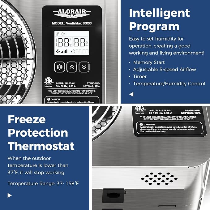 ALORAIR 300 CFM Crawlspace Ventilator Fan with Humidistat, Stainless Steel Exhaust Vent Fans with Digital Display, Timing Cycle, Freeze Protection Thermostat, for Basement, Garage, Attic, Grow Tent