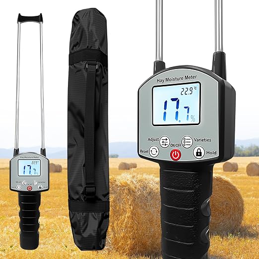Hay Moisture Tester, Portable Precise Hay Moisture Meter, Hay Forage Bale Moisture Tester with Dual Probe, Automatic Temperature Compensation for Alfalfa, Forage, Orchard Grass, Bales