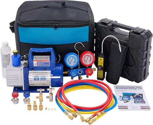 OLIXIS 110V 1/3 HP 4CFM Single Stage Vacuum Pump Kit with R134a Manifold Gauge Set, Leak Detector, 1/4" Hoses & Carry Bag for HVAC AC Refrigeration, ETL Listed, Blue